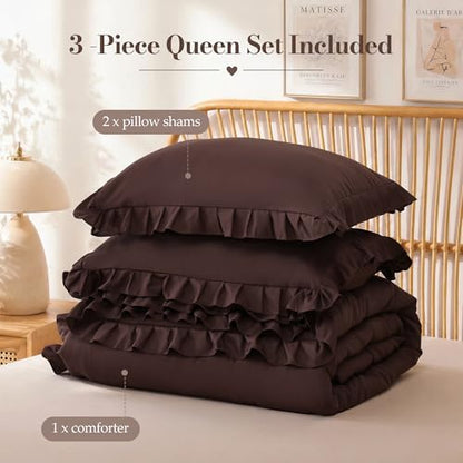 JANZAA Brown Comforter Set King, Ruffle Soft Bedding