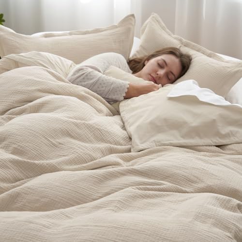 PHF 100% Cotton Muslin Duvet Cover Queen Size 3-Layer, 90"x90", Natural