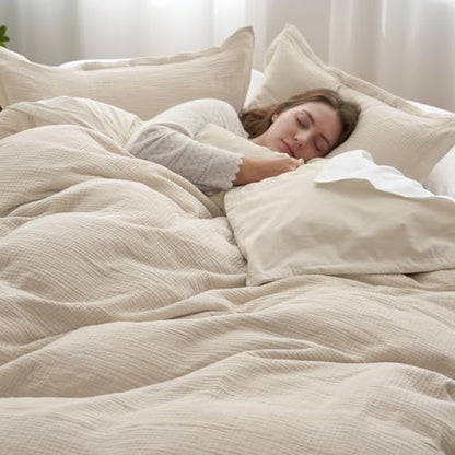 PHF 100% Cotton Muslin Duvet Cover Queen Size 3-Layer, 90"x90", Natural