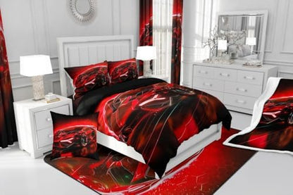 Feelyou Kids Boys Race Car 7 Piece Bedding Set Queen Size Red Sports Car Comforter Set with Sheets for Kids Teens Boys Girls Extreme Sports Theme Bed in a Bag Speed Luxury Car Bed Set