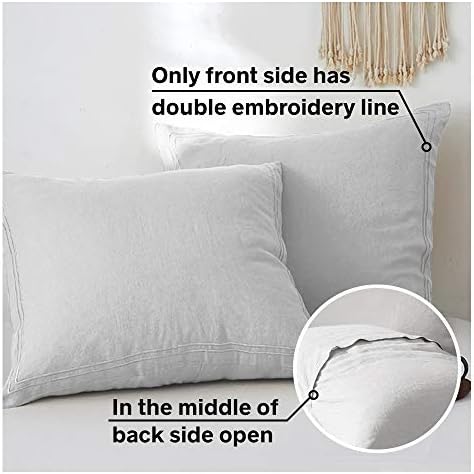 Simple&Opulence 100% French Linen Euro Shams with Embroidery (26'' x 26'') - Pack of 2 - Pre Washed Solid Color Natural Flax Soft Breathable - Grey