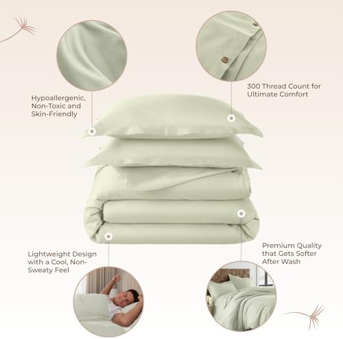 100% Organic Cotton Duvet Cover Queen Size - Naturally Soft Lightweight & Cooling Duvet Cover Set with Decorative Shams - Premium GOTS Certified 300 Thread Count Sateen Weave (Pastel Green, Queen)
