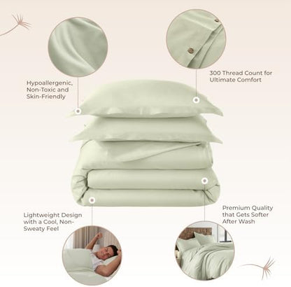 100% Organic Cotton Duvet Cover Queen Size - Naturally Soft Lightweight & Cooling Duvet Cover Set with Decorative Shams - Premium GOTS Certified 300 Thread Count Sateen Weave (Pastel Green, Queen)