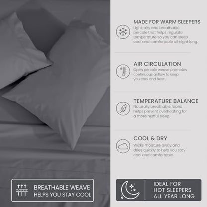 ZOYER 100% Cotton Sheets – Twin Size Percale Bedding, Cooling & Breathable, Durable with a Crisp, Soft & Comfortable Feel, 16" Deep Pocket, 3-Piece Set, Smoked Pearl