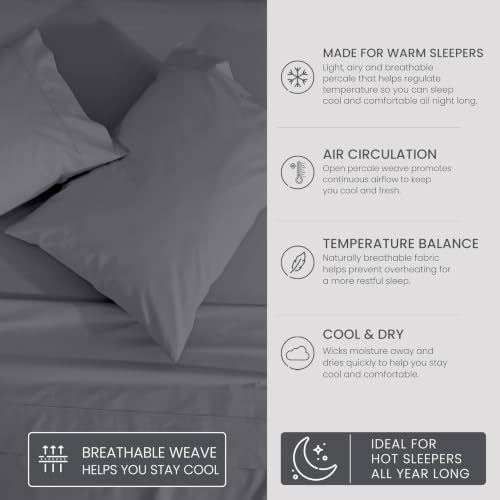 ZOYER 100% Cotton Sheets – King Size Percale Bedding, Cooling & Breathable, Durable with a Crisp, Soft & Comfortable Feel, 16" Deep Pocket, 4-Piece Set, Smoked Pearl