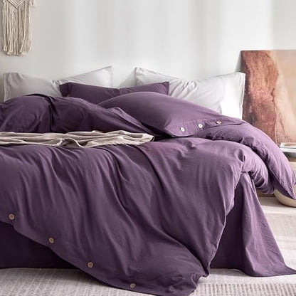 JELLYMONI 100% Washed Cotton Iris Purple Duvet Cover King, Linen-Like