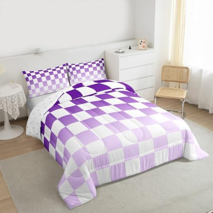Feelyou Checkered Bedding Set for Boys Girls Modern Geometric Gradient Purple Comforter Set Toddler Size Cute Neutral Plaid Duvet Quilt Vintage Aesthetic Bedroom Decor 2 Pcs with 1 Pillow Cases