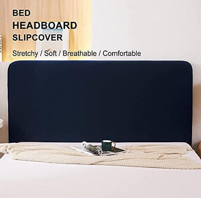 WOMACO Stretch Bed Headboard Slipcover 180 GSM Thick Fabric Solid Color Dustproof Bed Head Protector Cover for Bedroom Decor (Dark Blue, King)