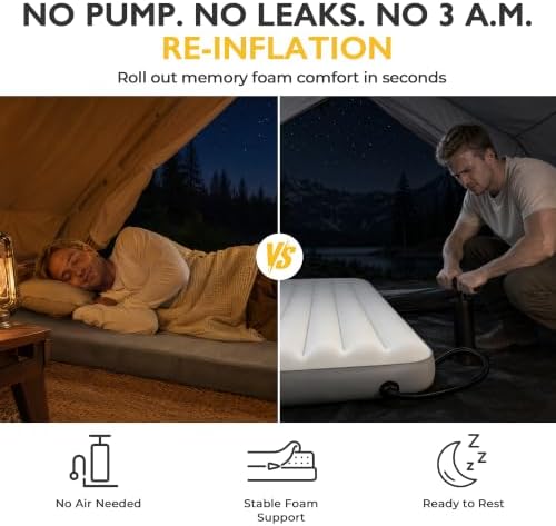 Kingfun 3 Inch CertiPUR-US Memory Foam Camping Mattress Pad, Waterproof Roll up Sleeping Pad, Thick Floor Sleeping Mats for Tent with Removable Travel Bag