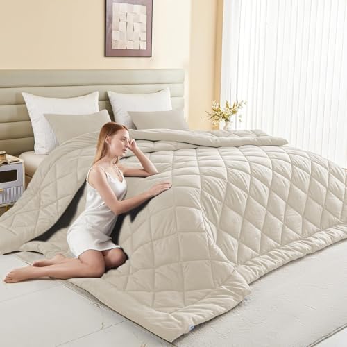 Oversized King Comforter, Extra Large King Size Comforter Oversized, All Season Soft Lightweight Quilt Down Alternative Duvet Insert with 8 Corner Tabs(128x120. Beige)