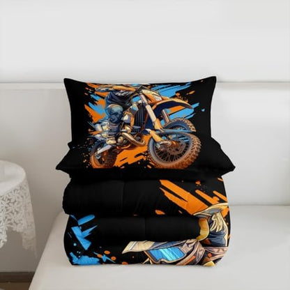 Feelyou Dirt Bike Bedding Set Soft for Boys Girls, Racing Motocross Rider Comforter Set Toddler Size Extreme Sports Duvet Quilt Microfiber Motorcycle Bedroom Decor Motorbike 2 Pcs with 1 Pillow Cases