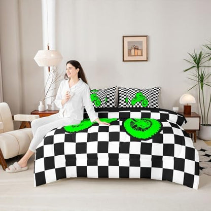 Feelyou Neon Green Motocross Comforter Set Full 7 Pieces Checkered Flag Bedding Set for Boys Girls Sporty Rider Bed in a Bag Off-Road Racing Room Decor Dirt Bike Quilted Breathable Soft Lightweight