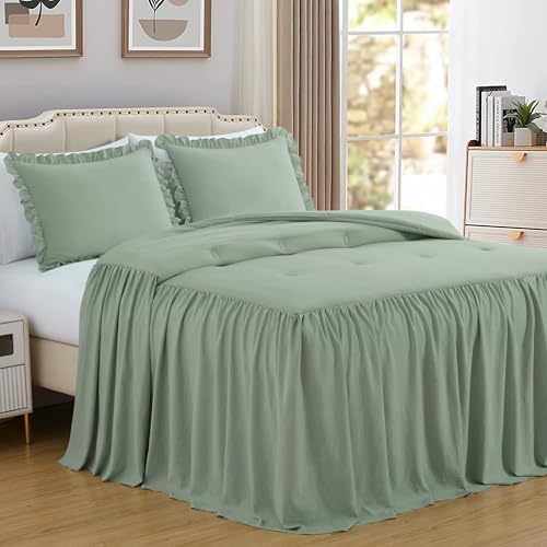 Chezmoi Collection Sinclair 3-Piece Ruffle Skirt Bedspread Set - Soft Lightweight Crinkle Texture Microfiber Bedding - French Country Chic Farmhouse - Queen, Sage Green