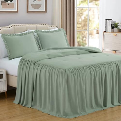 Chezmoi Collection Sinclair 3-Piece Ruffle Skirt Bedspread Set - Soft Lightweight Crinkle Texture Microfiber Bedding - French Country Chic Farmhouse - Queen, Sage Green