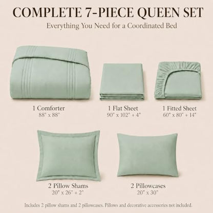 CozyLux Queen Comforter Set Sage Green - 7 Pieces Bed in a Bag