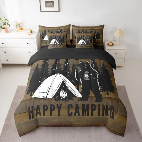 Erosebridal Happy Camping 7 Pieces Bedding Set Queen Size,Camping Lover Bed in a Bag,Cabin Funny Bear Bed Set Includes Comforter,Sheet Set,Pillowcases & Pillow Covers,Brown Wooden Plank Bedroom Decor