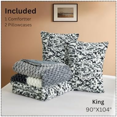 Petrichor Fluffy King Comforter Set - Black and White Striped Faux Fur Blanket for King Bed, Ultra-Soft Warm Bedding for Winter & Fall, Cozy 3 Piece Bed Set (1 Comforter & 2 Pillowcases)