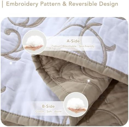 Lady Ann 3Pcs Oversized King Quilt Set 128x120 - Beige Embroidery Pattern Reversible Cotton bedspreads & coverlets, Lightweight Quilted Extra Large Elegant Oversized King Bedroom Bedding Set