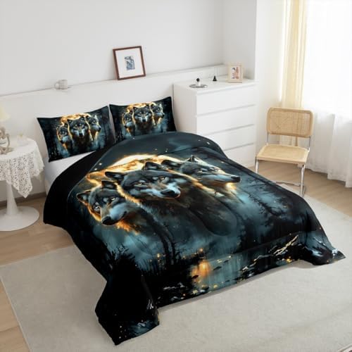 Wolf Kids Comforter Set Full Size,Pine Trees Moonlight Rustic Bedding Set,Girls Boys Room Decor,Wildlife Animals Adventure Lake House Quilt Comforter,Farmhouse Country Duvet Insert,2 Pillowcases