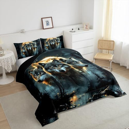 Wolf Kids Comforter Set Full Size,Pine Trees Moonlight Rustic Bedding Set,Girls Boys Room Decor,Wildlife Animals Adventure Lake House Quilt Comforter,Farmhouse Country Duvet Insert,2 Pillowcases