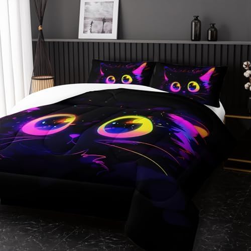 Nttopship Cute Cat Kids Comforter Set Queen Size 3pcs Black in Dark 3D Digital Animals Printed Pattern Comforter Set for Kids Boys Girls Adults Animal Print Room Decor Comforter with 2 Pillowcases