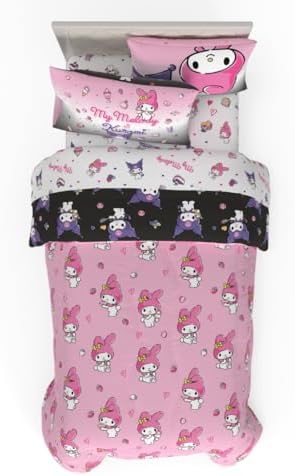 Sanrio Kuromi & My Melody Bedding 5 Piece Super Soft Cozy Reversible Comforter and Sheet Set with Sham, Twin, (Officially Licensed Product) By Franco