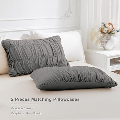 Masaca Grey Oversized King Comforter Set 128x120,Ruched Ruffle Comforter Extra Large King Size Bedding,Shabby Boho Chic Farmhouse Bedding 3PCS (1 Gray Comforter+2 Pillow Shams)