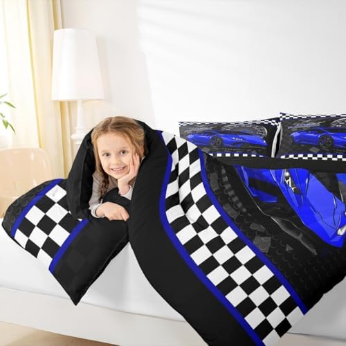 Feelyou Race Car Duvet Quilt Full Size Blue Speed Sports Car Bedding Set for Kids Boys Girls Decor Automobile Bedding Set Breathable Soft Lightweight Microfiber Extreme Sports Bedroom Decor