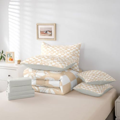 Lucky 8 Ball Comforter Set Twin Size,Girly Fashion Y2K 7 Piece Bedding Set For Kids Boys Girls,Coquette Cherry Bow Bed In A Bag With Sheets For Preppy Room Decor,Beige White Checkerboard Plaid Bed Set