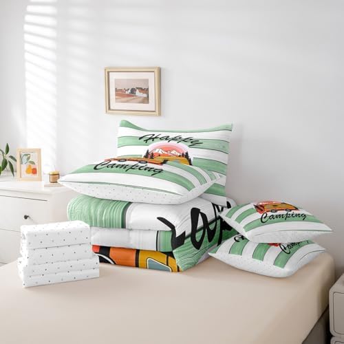 Erosebridal Happy Camping Comforter Set Twin Size,Cartoon RV Bedding Set for Kids Teens,Green Wooden Plank (Comforter+Fitted+Flat Sheet+2 Pillowcases+2 Throw Pillow Covers) 7 Pieces Bed Set