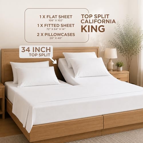 Split Top California King - 4 Piece Bedding - Deep Pocket Sheet Set - Split Top California King Sheets Sets for Adjustable Bed - Double Brushed Microfiber (Gold)