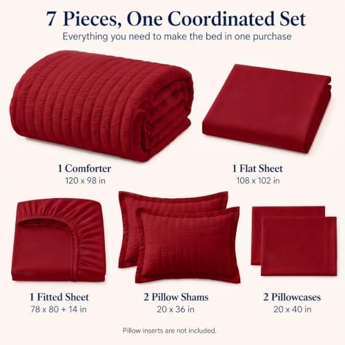 CozyLux Oversized King Comforter Set 120x98 in, 7-Piece Dark Red Seersucker