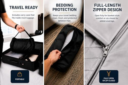 Oversized 90" × 50" Travel Bedding with Built-in Pillow Pocket, Full-Length Zipper & Carrying Case