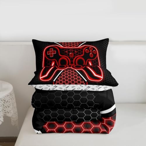 Feelyou Red and Black Bedding Set Queen Size Gamer Comforter Set for Kids Game Controller Comforter Teens Honeycomb Duvet Set