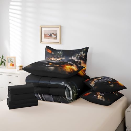 Erosebridal Black Race Car Bedding Set Full,3D Sports Car Comforter Set,Fire Racing Car(Comforter+Fitted+Flat Sheet+2 Pillowcases+2 Throw Pillow Covers) 7 Pieces Bed Set for Boys Teens Youth