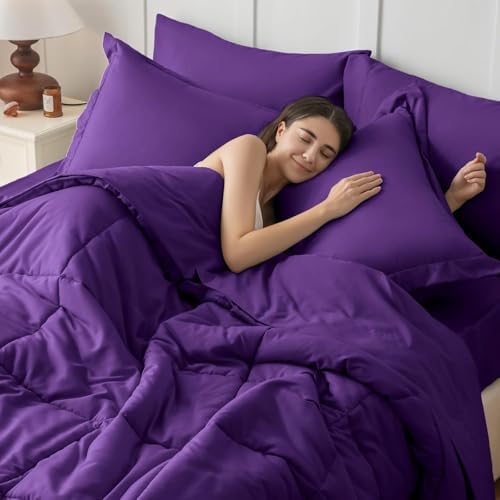 JOLLYVOGUE Twin Comforter Set, Ultra-Soft Bed in a Bag Twin Size 5 Pieces, Oeko-TEX Certified Bedding Set with Down Alternative Comforter, Sheets, Pillowcases & Shams, Purple