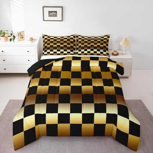 Feelyou Checkered Comforter Set All Season Modern Geometric Golden Yellow Bedding Set with 1 Pillow Cases Cute Neutral Plaid Kids Twin Bedclothes Vintage Aesthetic Bedroom Decor Duvet Quilt
