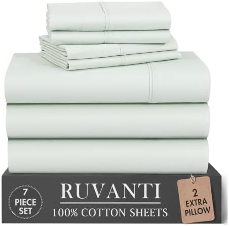 RUVANTI 100% Cotton Percale Sheets Split King Size, Sage Mist