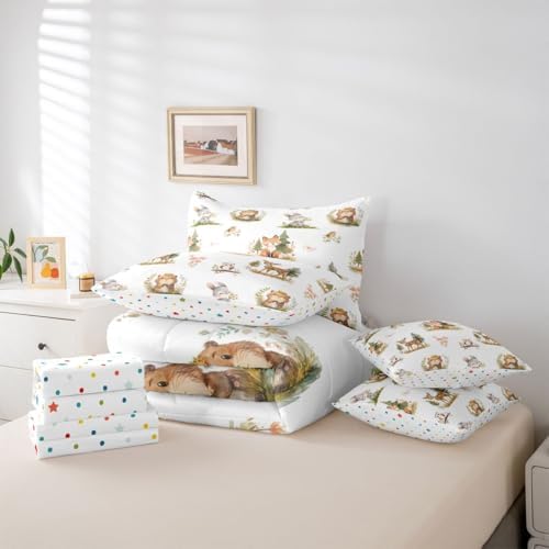 Erosebridal Woodland Animals 7 Piece Comforter Set Twin Kawaii Deer Squirrel Bed in A Bag Cartoon Animals Wildlife Bedding Sets for Kids Girls Child Rabbit Flowers Sheet Set with Comforter