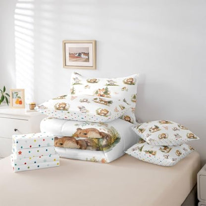 Erosebridal Woodland Animals 7 Piece Comforter Set Twin Kawaii Deer Squirrel Bed in A Bag Cartoon Animals Wildlife Bedding Sets for Kids Girls Child Rabbit Flowers Sheet Set with Comforter