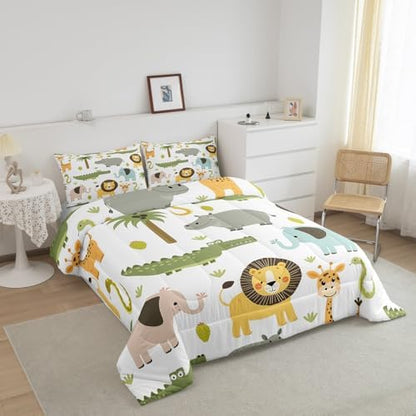 Feelyou Wild Animals Comforter Set Safari Animals Print Comforter for Boys Girls Teens Cute Hippo Crocodile Lion Bedding Set Kids Cartoon Elephant Giraffe Duvet Set Room Decor Quilt Set Queen Size