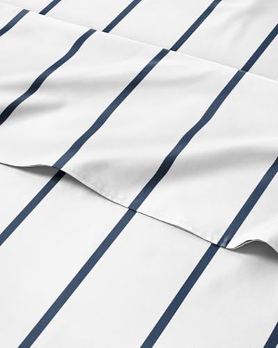Queen 4 Piece Striped Sheet Set - Soft, Breathable & Cooling - Navy Stripe