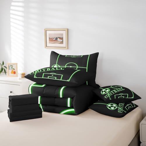 Erosebridal Soccer Bedding Comforter Sets 7pcs for Kids Teens Black Green Bed in a Bag, Sports Gaming Full Bedding Sets Green Football Field Comforter Set, Ball Game Bedding Sets & Collections Cozy