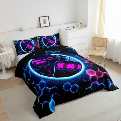 Erosebridal Bowling Games Bedding Sets King - Neon Ball Game Comforter Set for Kids Adults Hexagon Honeycomb Duvet Insert Modern Geometric Quilt