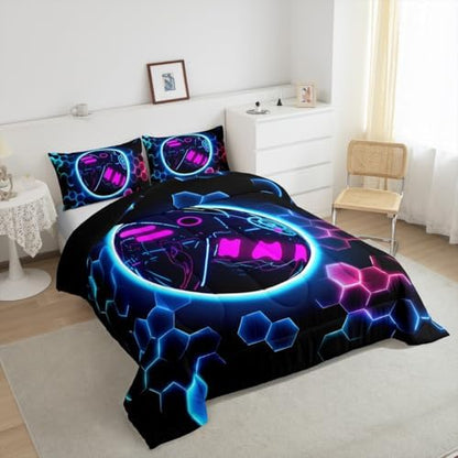 Erosebridal Bowling Games Bedding Sets King - Neon Ball Game Comforter Set for Kids Adults Hexagon Honeycomb Duvet Insert Modern Geometric Quilt