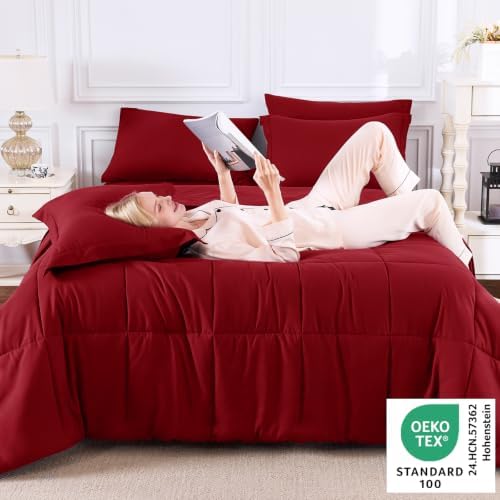 CozyLux Queen Comforter Set, 7-Piece Bed in a Bag, Dark Red