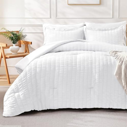 FreshCulture Comforter Set Seersucker 7 Pieces, All Season Bedding Set King, Bed in a Bag Comforter Set with 1 Comforter, 1 Flat Sheet, 1 Fitted Sheet, 2 Pillowcases and 2 Pillow Shams, White