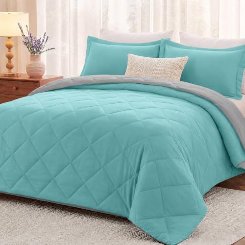 downluxe Queen Comforter Set Soft Reversible 3 Pieces, Light Blue/Gray