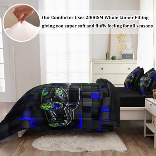 3 Pcs Twin Car Bedding Sets for Boys, Green Blue Race Car Twin Comforter Set for Boys Teens, Twin Boy Bedding Set