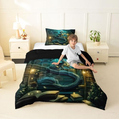 Feelyou Dragon Bedding Set Soft for Boys Girls, Magical Beast Comforter Set Twin Size Fantasy Animal Duvet Quilt Microfiber Wild Life Bedroom Decor Jungle Dragon 2 Pcs with 1 Pillow Cases